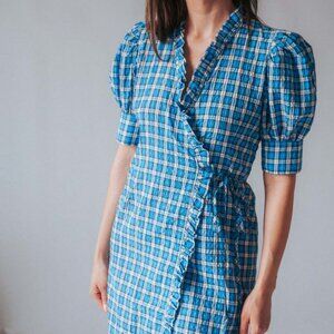 Ganni Seersucker Wrap Mini Dress Azure Blue sz 36/Small
